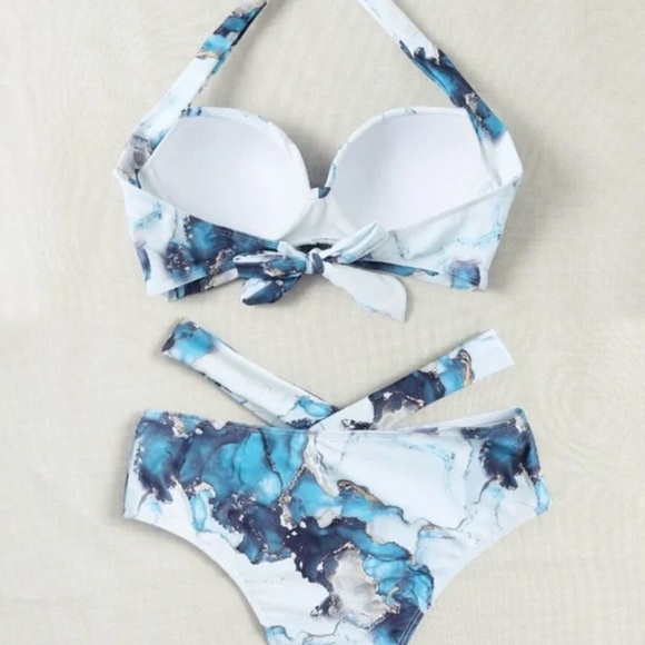 Boho blue white tie dye marble sleeve runt high waisted halter bikini set - Picture 4 of 8
